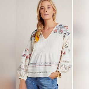 Anthropologie Kayla Cream Embroidered Blouse Large